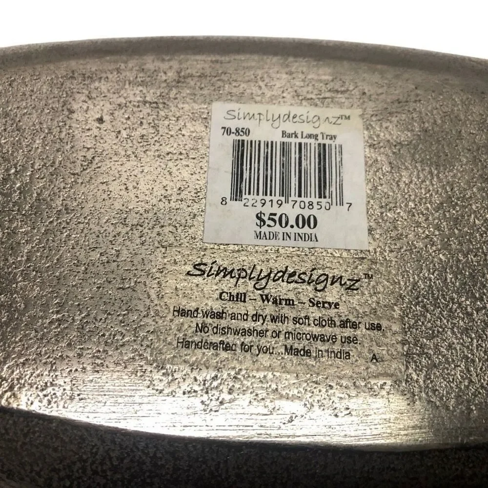 Simply Designz Silver Tone Bark Like Design Long Serving Tray Dish Home Decor